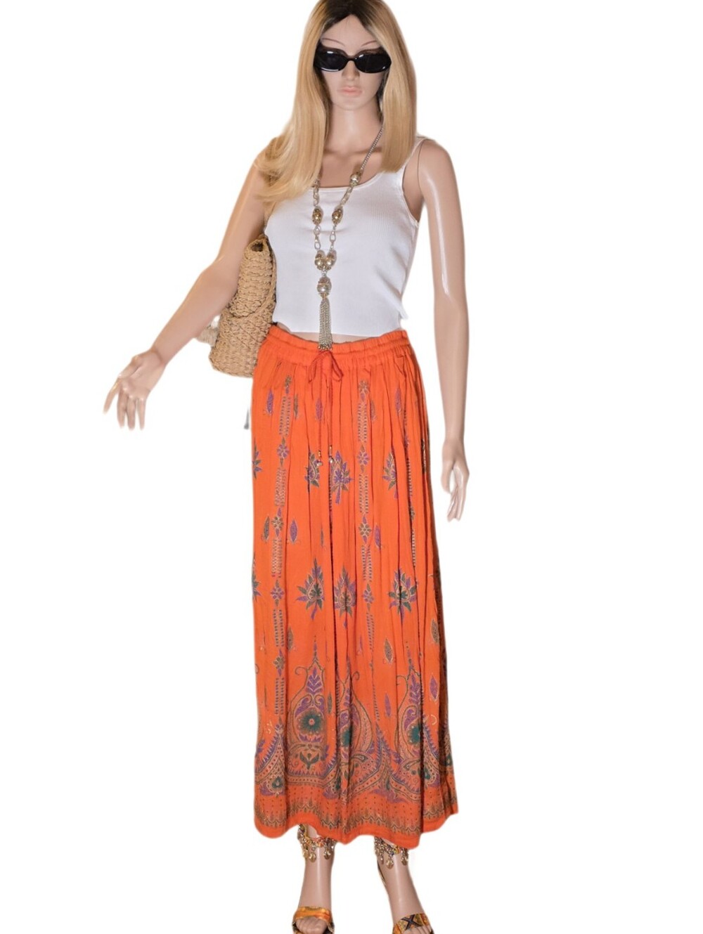Boho Resort Orange Paisley Floral Maxi Skirt Elastic Drawstring Waist EUC